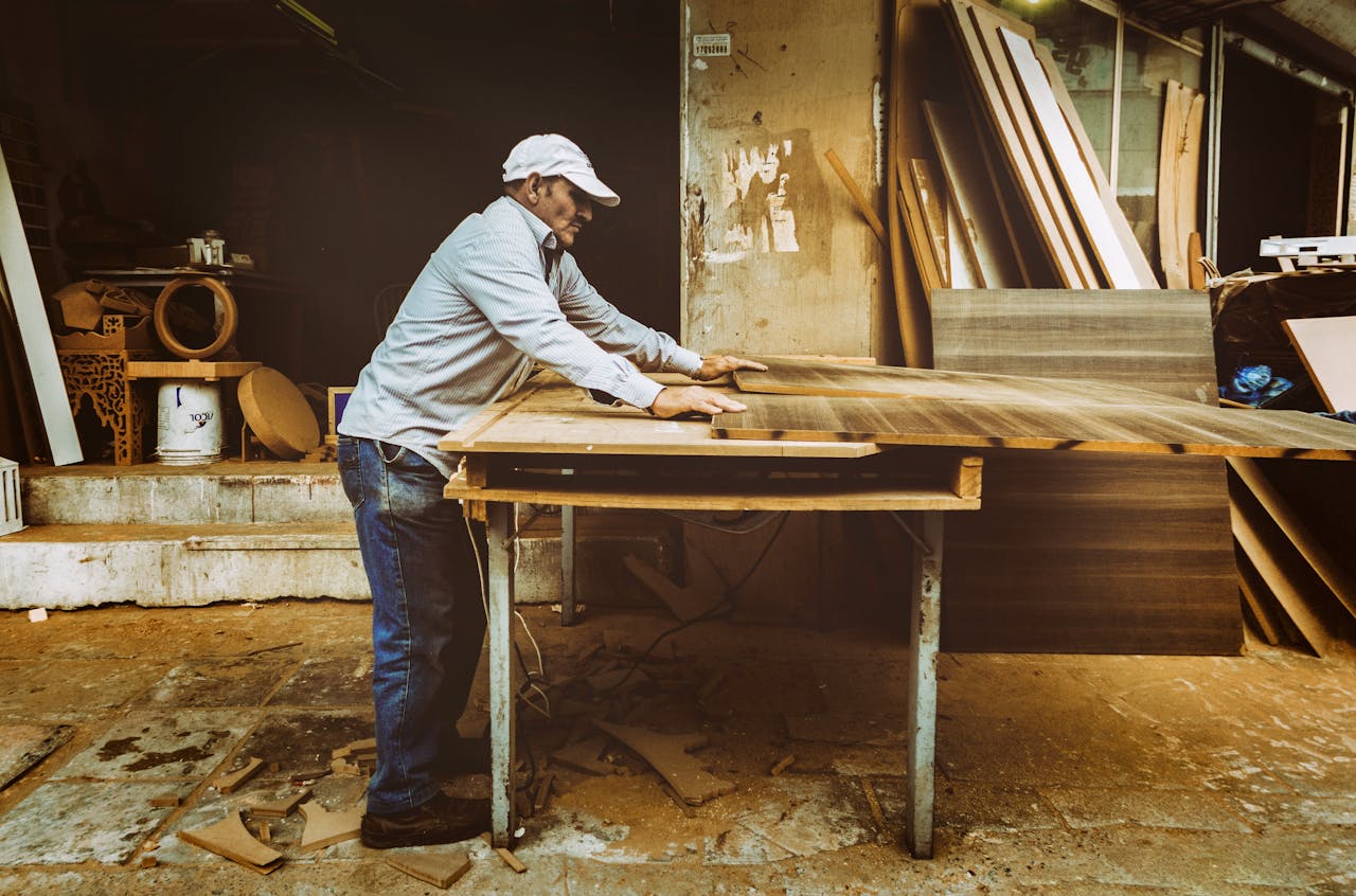 Carpenter focuses on woodworking project inside a busy workshop, surrounded by materials.