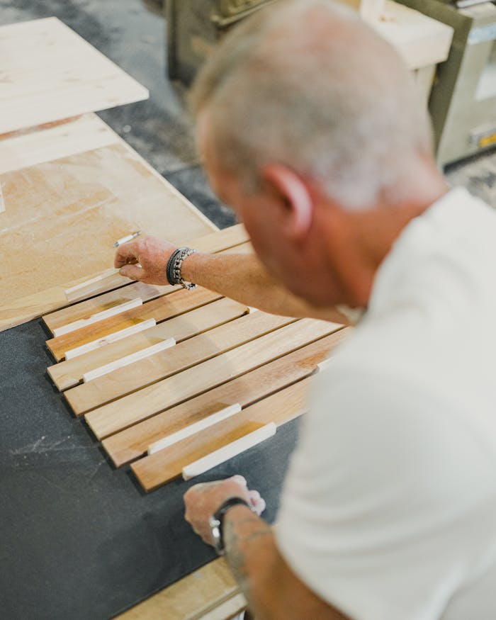 An adult craftsman works on a woodworking project in a workshop, aligning wooden slats carefully.