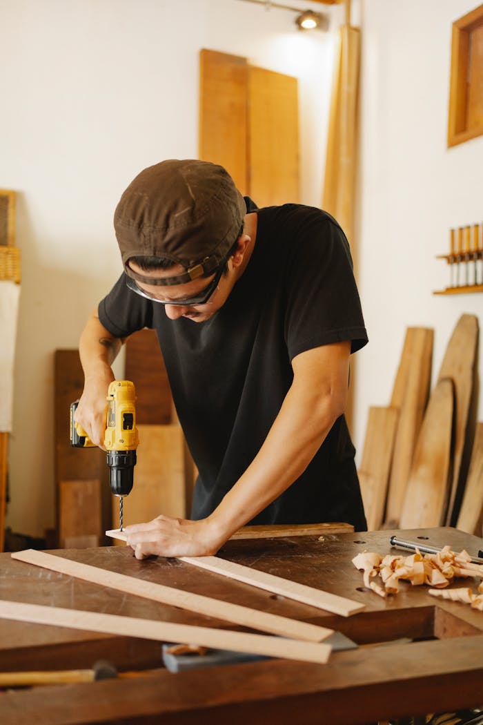 A focused craftsman skillfully uses a drill in a wood workshop, showcasing craftsmanship and precision.